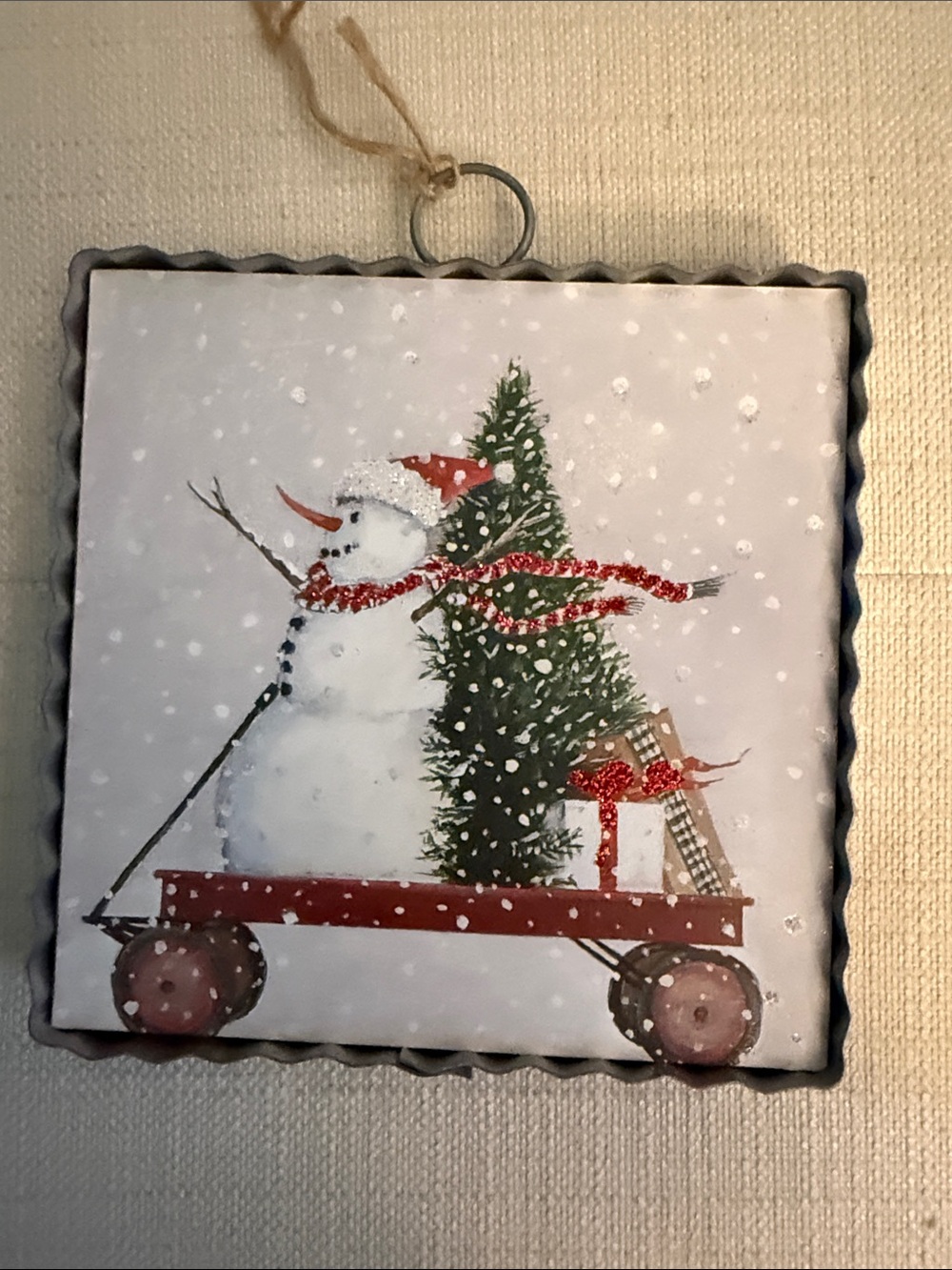 Holiday Snowman Wagon Wall Hanging - Red and Green